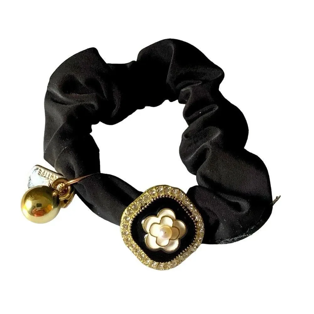 Camellia Flower Charm Black Scrunchie - Hair Tie Hair Band